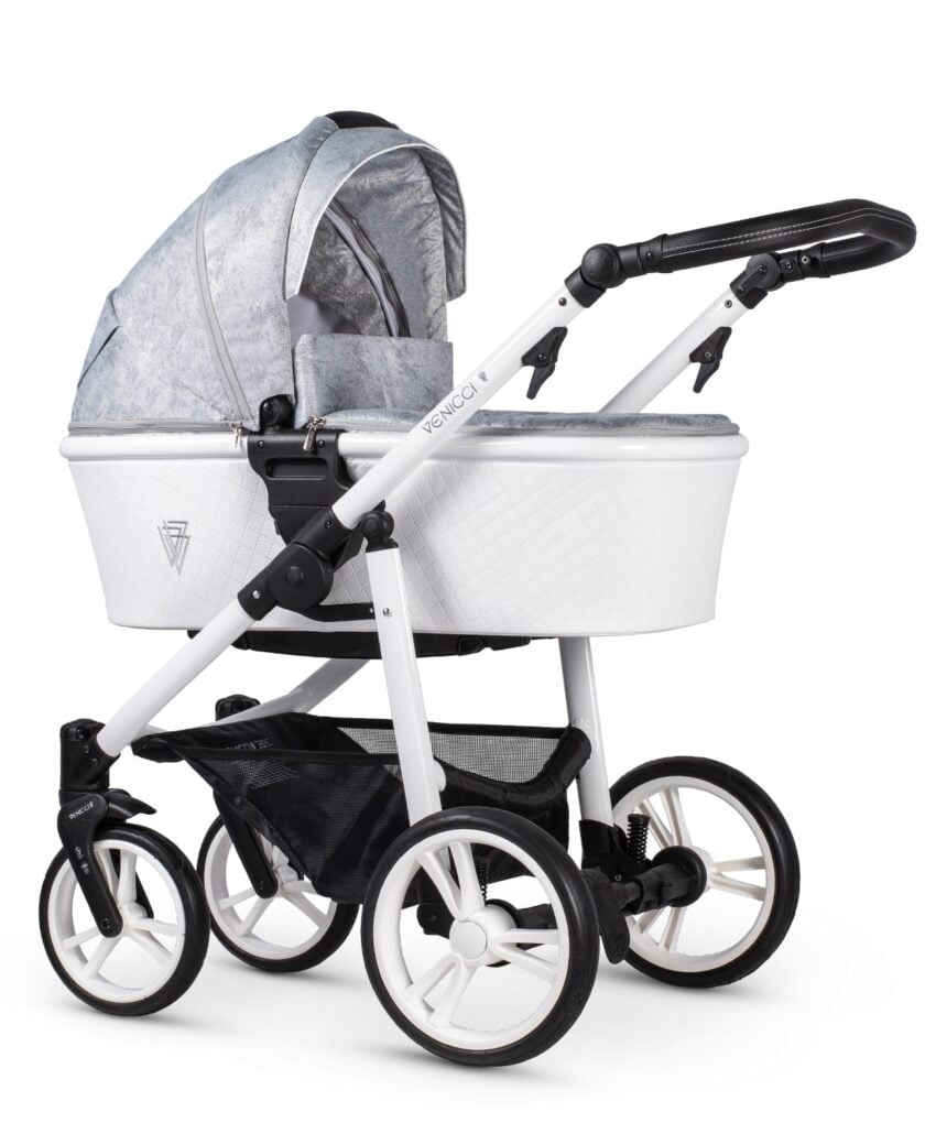 grey and white pram